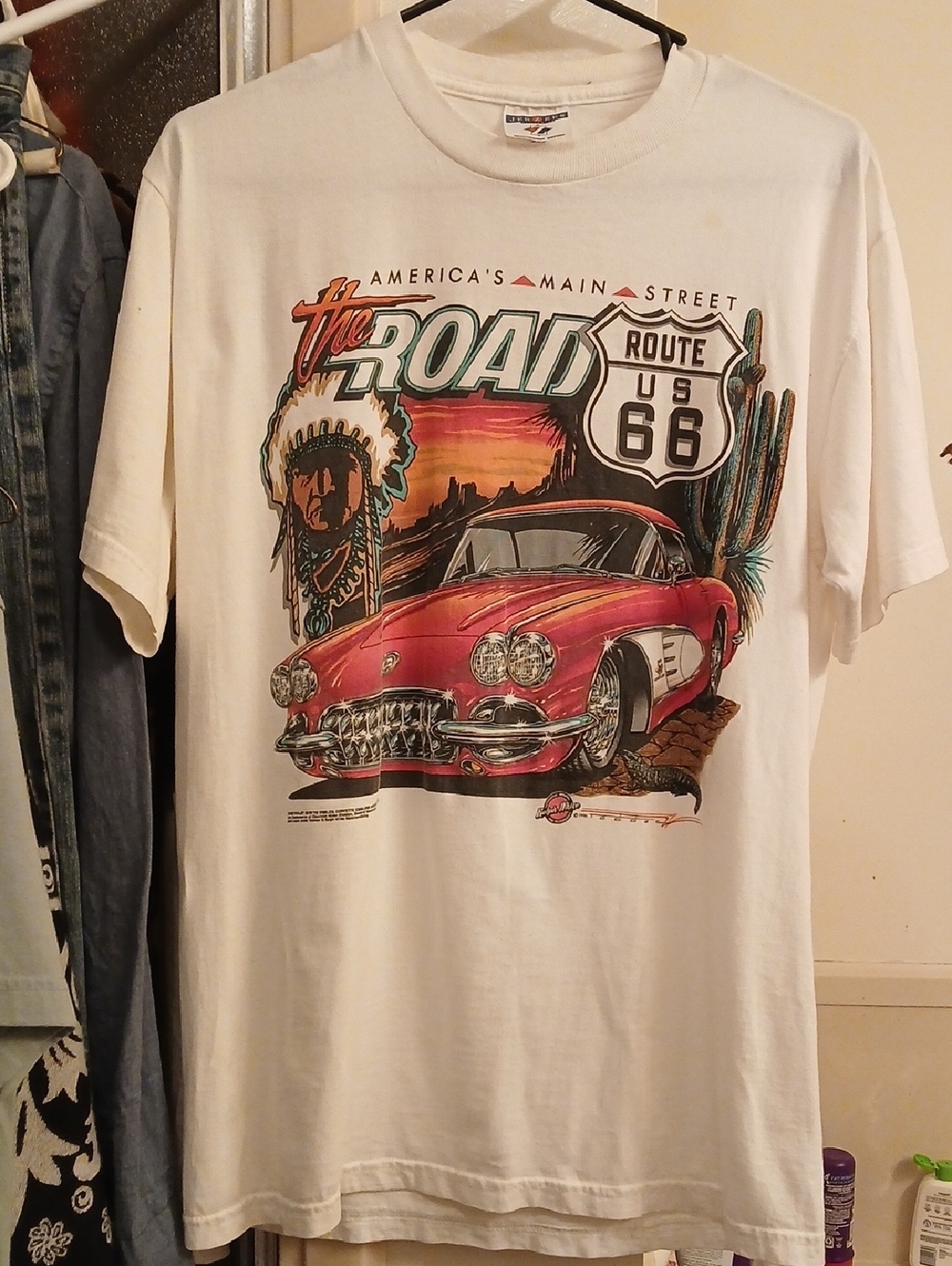 Ralph WHITE Short-Sleeve Tee w Red Vintage Car/Route U.s. 66‎ Graphic, Sz.M